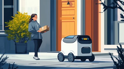 autonomous delivery robot navigating city sidewalk, smiling person receiving package, illustration, logistics