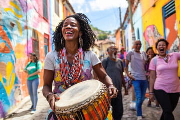 Happy brazilian woman playing drum in pelourinho, salvador de bahia, brazil