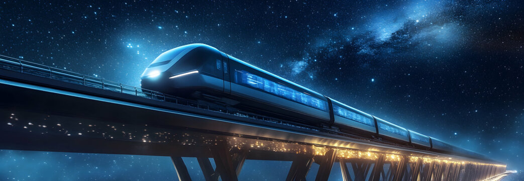 Futuristic train speeding across a sky-high bridge, surrounded by stars -  