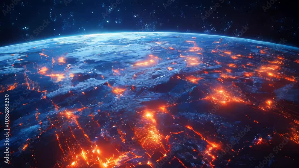 Poster view of earth from space with illuminated glowing networks, symbolizing global connectivity, communi