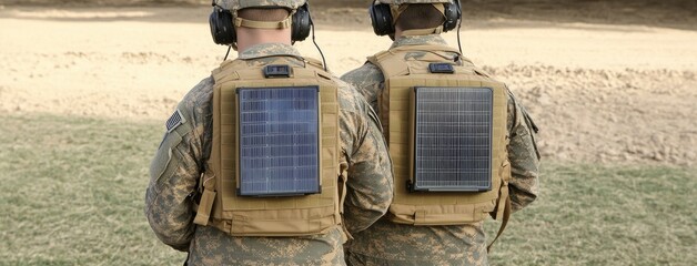 U.S. soldiers in tactical gear using advanced communication systems with solar panels at outdoor military base