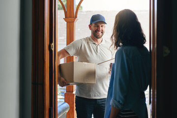 Girl, tablet and delivery man with package at house for ecommerce courier, signature and exchange...