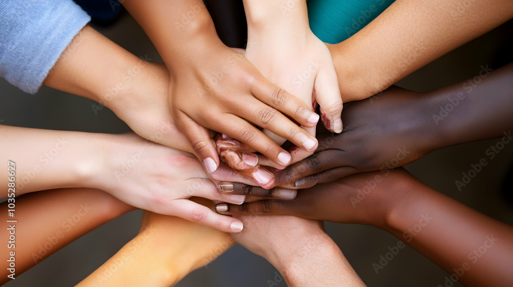 Poster hands joining together in unity, symbolizing teamwork and solidarity -