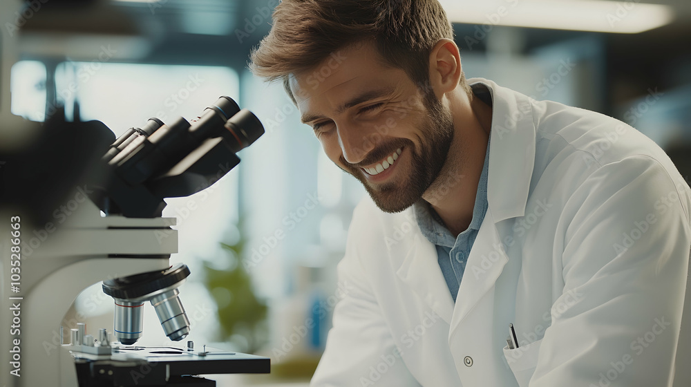 Poster handsome male scientist in a lab coat smiling while working with a microscope -