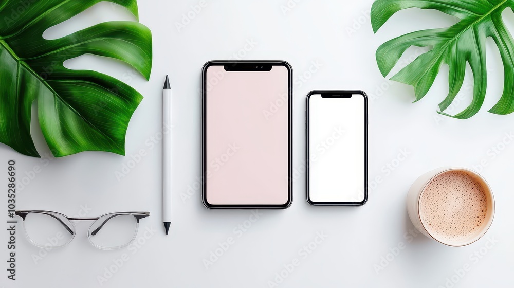 Aufkleber a creative flatlay featuring a computer and smartphone mockup, perfect for showcasing responsive ui 