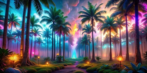 A mystical path through a dense canopy of palm trees, illuminated by ethereal glow, revealing a hidden clearing bathed in vibrant hues of pink, blue, and orange.