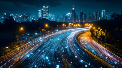 Fototapeta premium Highway with city lights in the background and digital data flowing across, representing smart city technology - 