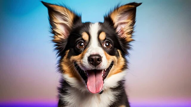 A cheerful dog portrait with vibrant colors, showcasing expression and personality, captured in a lively studio setting