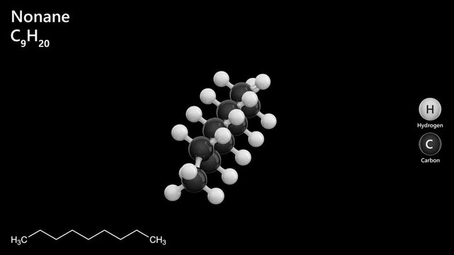 Molecule of Nonane (C9H20). It is a straight-chain alkane with nine carbon atoms. It is a colorless liquid, found in crude oil and used as a solvent. Black background. 3D render. Seamless loop