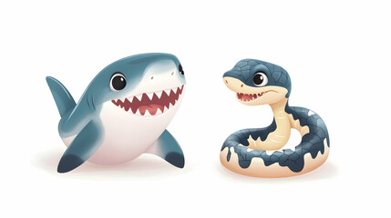 Naklejka premium Illustration of a baby shark and a cartoon baby snake isolated on a white background - 