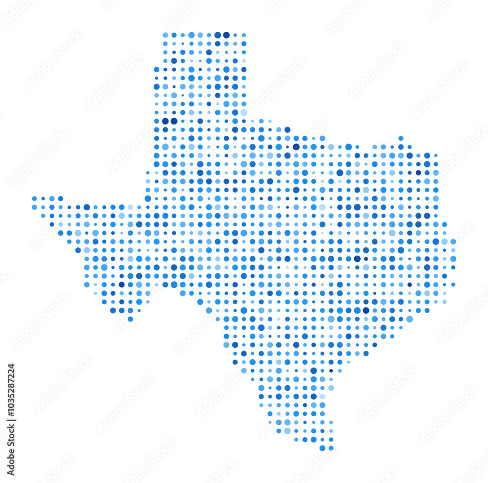 Poster texas dot map. us state digital style shape. texas vector image. us state shape blue circular dots. 