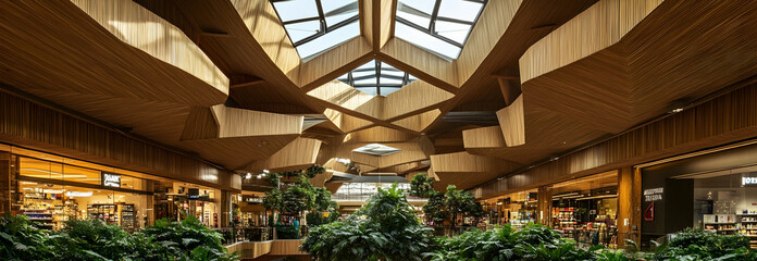 Fototapeta premium Interior of a shopping mall featuring wooden elements, skylights, and green plants with various stores below - 