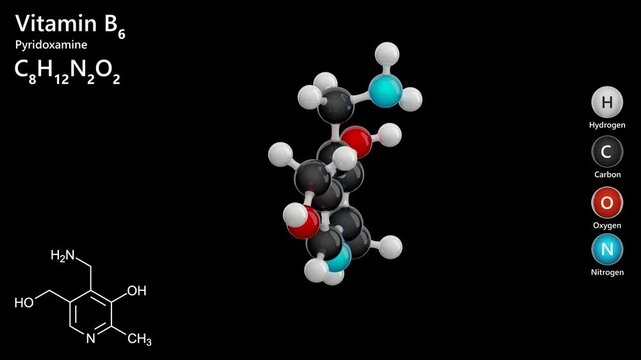 Pyridoxamine. Animated 3d model of molecule. Molecular formula: C8H12N2O2. Chemical model: Ball and Stick. The form of vitamin B6. Black background. 3D rendering. Seamless loop