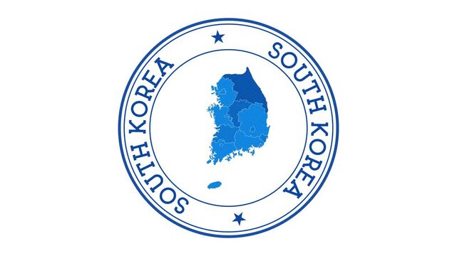 South Korea intro. Badge with the circular name and map of the country. South Korea round logo animation.
