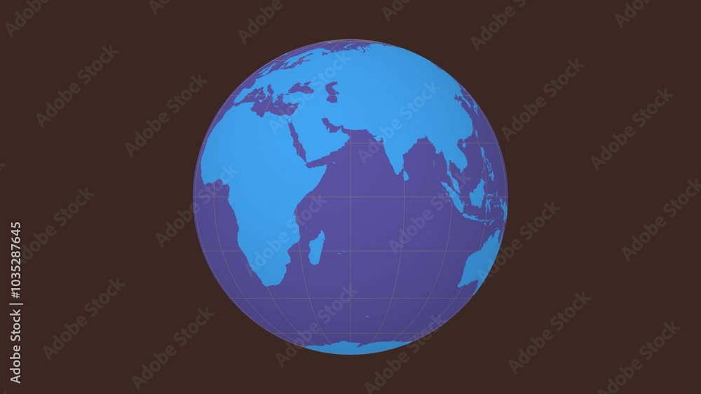 Poster spinning planet. normal sphere view. moderate speed globe rotation. solid color style. world map wit