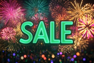 "SALE" in glowing neon green with a vibrant explosion of colorful fireworks in the background. 