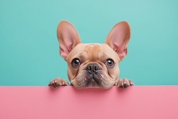 A cute French bulldog peeking over the edge of an empty pink billboard.