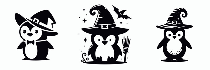 Three whimsical penguins wearing witch hats, perfect for Halloween-themed designs and decorations, showcasing playful charm.