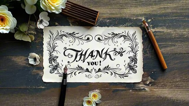 A decorative calligraphy hand lettering "Thank you" card with elegant black floral designs and a fountain pen on wooden table.