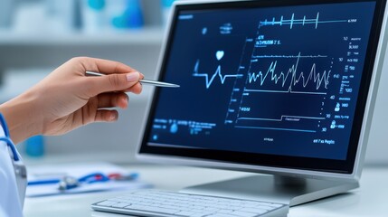 A doctor reviews heart rate data on a computer screen, using advanced medical technology to monitor a patient's cardiovascular health.