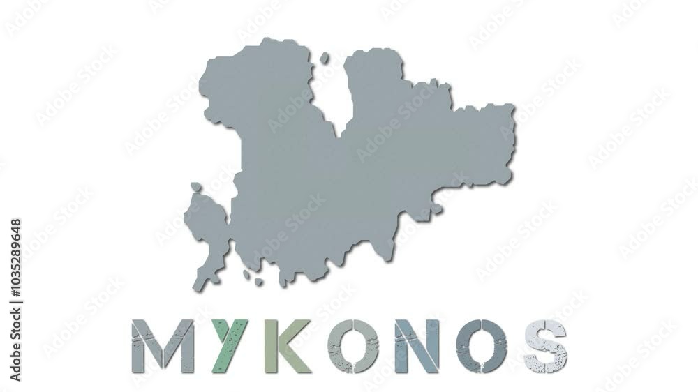 Poster mykonos map with paper regions. animated island map growing from regions and title letters falling d