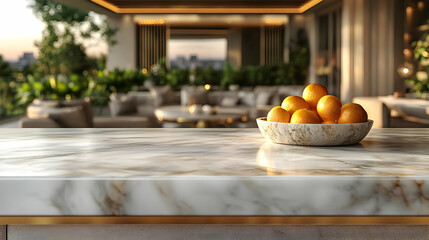 Fototapeta premium A Bowl of Oranges on a Marble Countertop with a Blurred Background of an Outdoor Patio