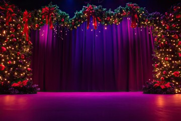 photograph of a purple background stage with red and green christmas garlands decoration in the corners with generative ai