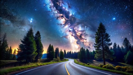 Naklejka premium A winding asphalt road leads through a serene forest under a breathtaking canopy of stars, the Milky Way stretching across the sky in a vibrant display of celestial beauty.