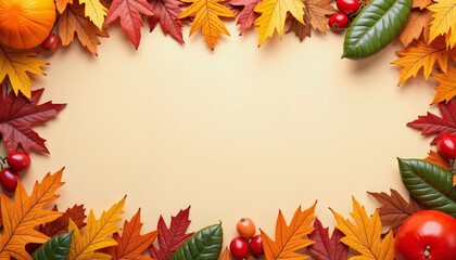 : A Thanksgiving greeting card with a frame of fallen autumn leaves and pumpkins around the text "Happy Thanksgiving" in white cursive. The background is a warm orange.