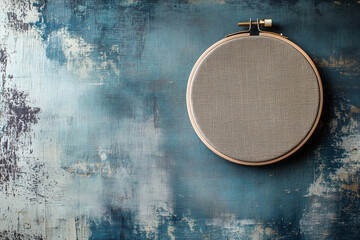 A round embroidery hoop rests atop a textured blue fabric with a rustic pattern, highlighting the crafting process in action. Generative AI