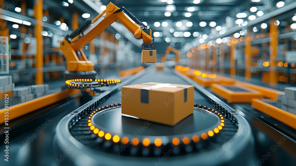 Poster an advanced robotic arm operates on a conveyor belt in a modern warehouse, showcasing the integratio