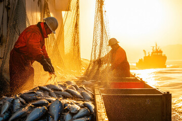 Fishermen sorting freshly caught fish on fishing boat at sunset