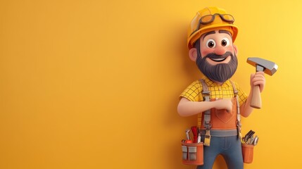 Cartoon Construction Worker Holding a Hammer