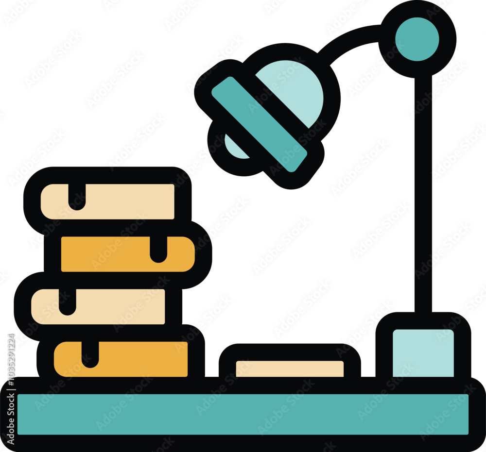 Poster modern desk lamp is illuminating a stack of books on a shelf, creating a cozy and studious atmospher