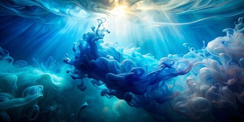 An Abstract Symphony of Blue and White Swirling in a Deep Aquamarine Abyss, Illuminated by a Heavenly Beam of Light