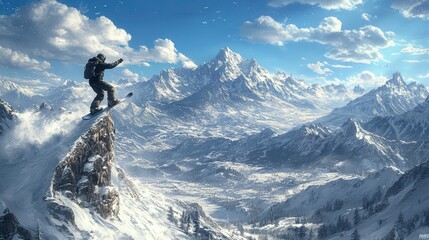 Snowboarder on a snowy mountain peak ready for a descent, surrounded by majestic alpine scenery under a clear blue sky.