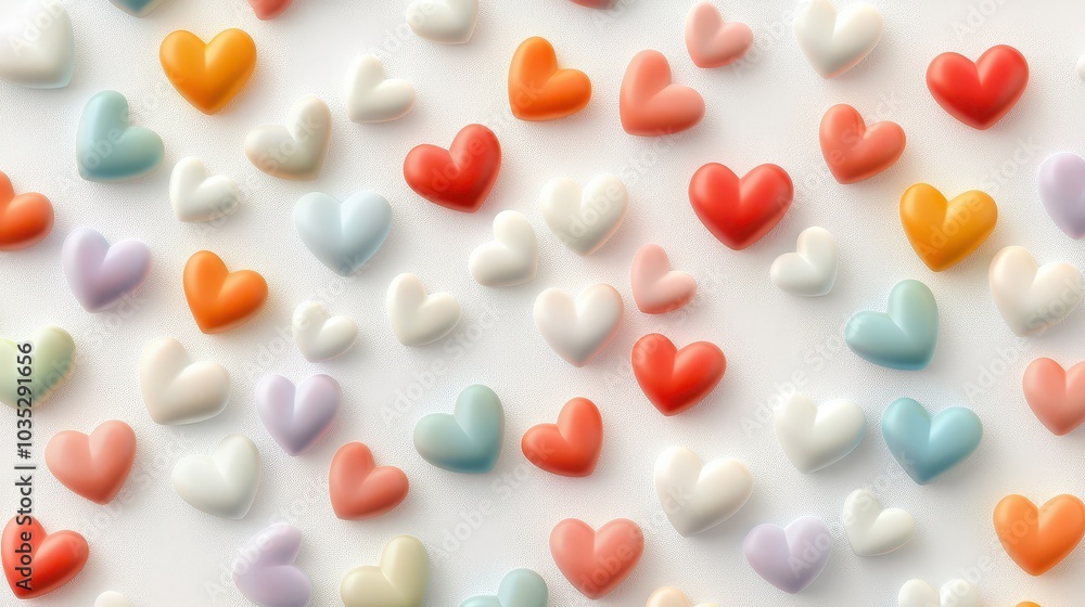 Poster a mosaic-style background featuring tiny, colorful heart shapes arranged in a random pattern on a ne