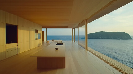 Fototapeta premium Bright open living space with minimalist decor, neutral tones, and large glass doors to the outside