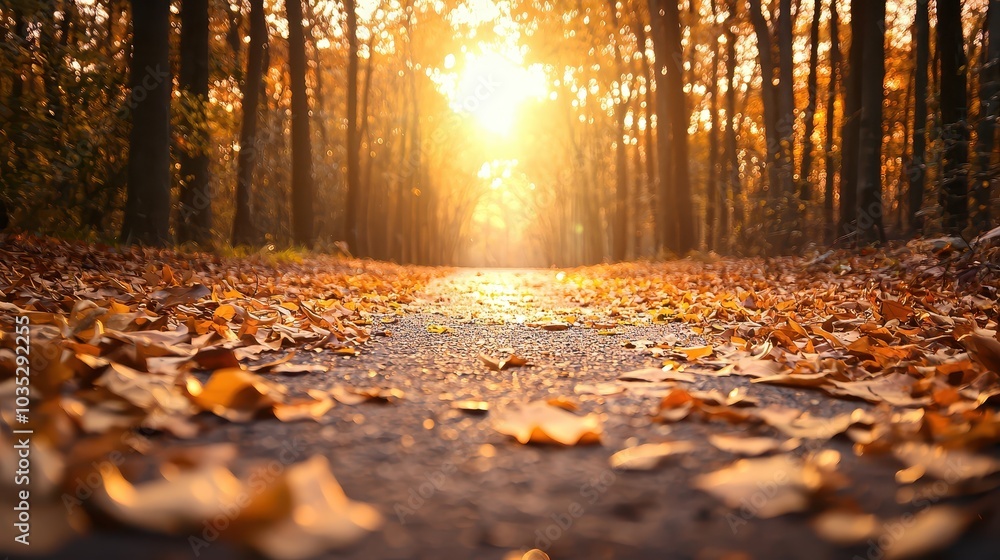 Poster a path through a dense forest with golden fall leaves, soft light filtering through for a warm natur