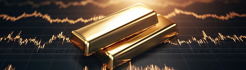 Obraz premium Golden Bars with Financial Market Graph Background