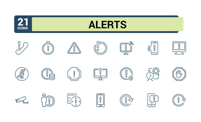 Warning and Alert icon set. Set of warn, alarm, caution, aware icons collection. Linear icon collection. Editable stroke. Vector illustration