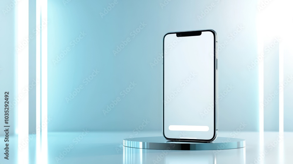 Poster a phone mockup standing upright with a reflective surface, showcasing a mobile app in a realistic en
