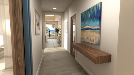 Clean-lined hallway with a single floating shelf and subtle recessed lighting