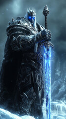 Design a World of Warcraft: Wrath of the King character. The character is a formidable armored warrior with a detailed, ornate helmet.