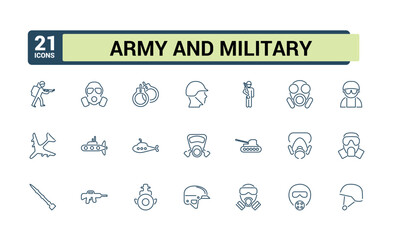 War and military icon collection. Set of army line icons. Editable Stroke. Military Equipment, tools, Soldier, Weapons, Gun. Vector illustration.