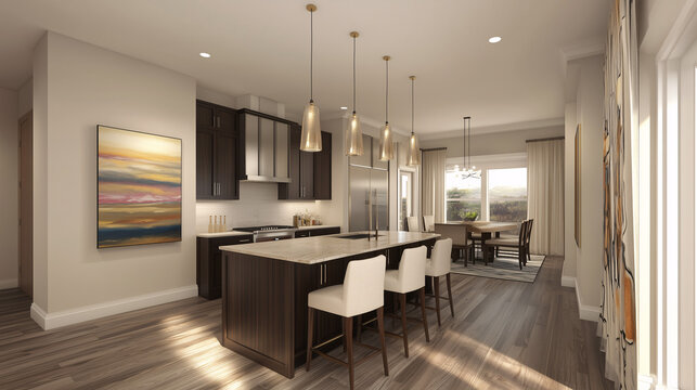 Contemporary kitchen with dark cabinets, subtle gold accents, and a minimalistic feel