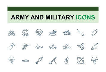 War and military icon collection. Set of army line icons. Editable Stroke. Military Equipment, tools, Soldier, Weapons, Gun. Vector illustration.