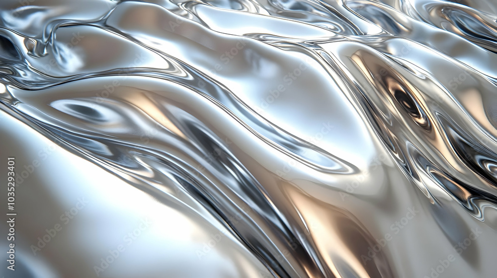 Poster Abstract Silver Liquid Metal Waves - 3D Rendering - Smooth Flowing Surface - Abstract Art - Metallic Texture - Reflective Background - Graphic Design Elements
