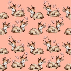Fototapeta premium Cute baby animal deer seamless pattern digital watercolor background textile fabric girl daughter baby shower wrapping paper decor wallpaper butterfly wild forest park