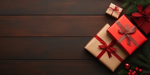 Fototapeta premium Festive Gift Boxes on Wooden Surface for Holidays